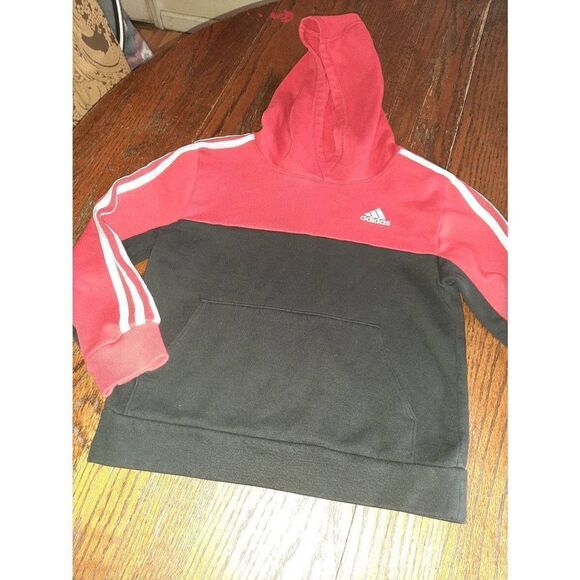 Kids Size Small Size 8 Adidas Red Black 3 Stripe Pullover Hoodie Sweatshirt - Picture 2 of 3